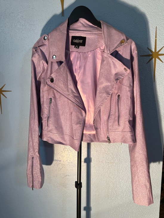 Collectif Jackets & Blazers - Collectif Lilac Shimmer Cropped Moto Jacket